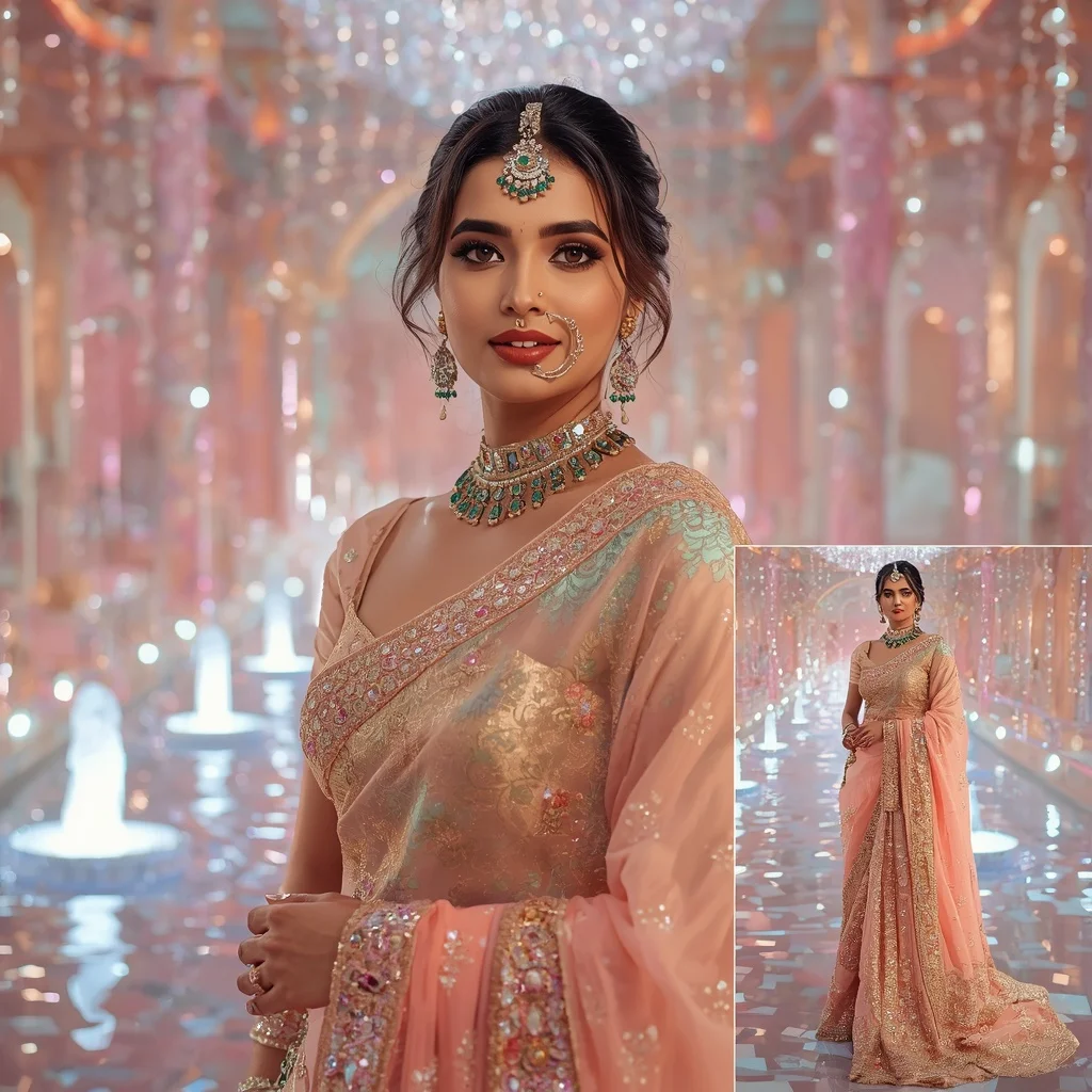 Festive Pastel Saree Royal Pearl Crystal Aurora Fountain Palace Collage Luxury Couture | Prompt Seen Girl Kurti