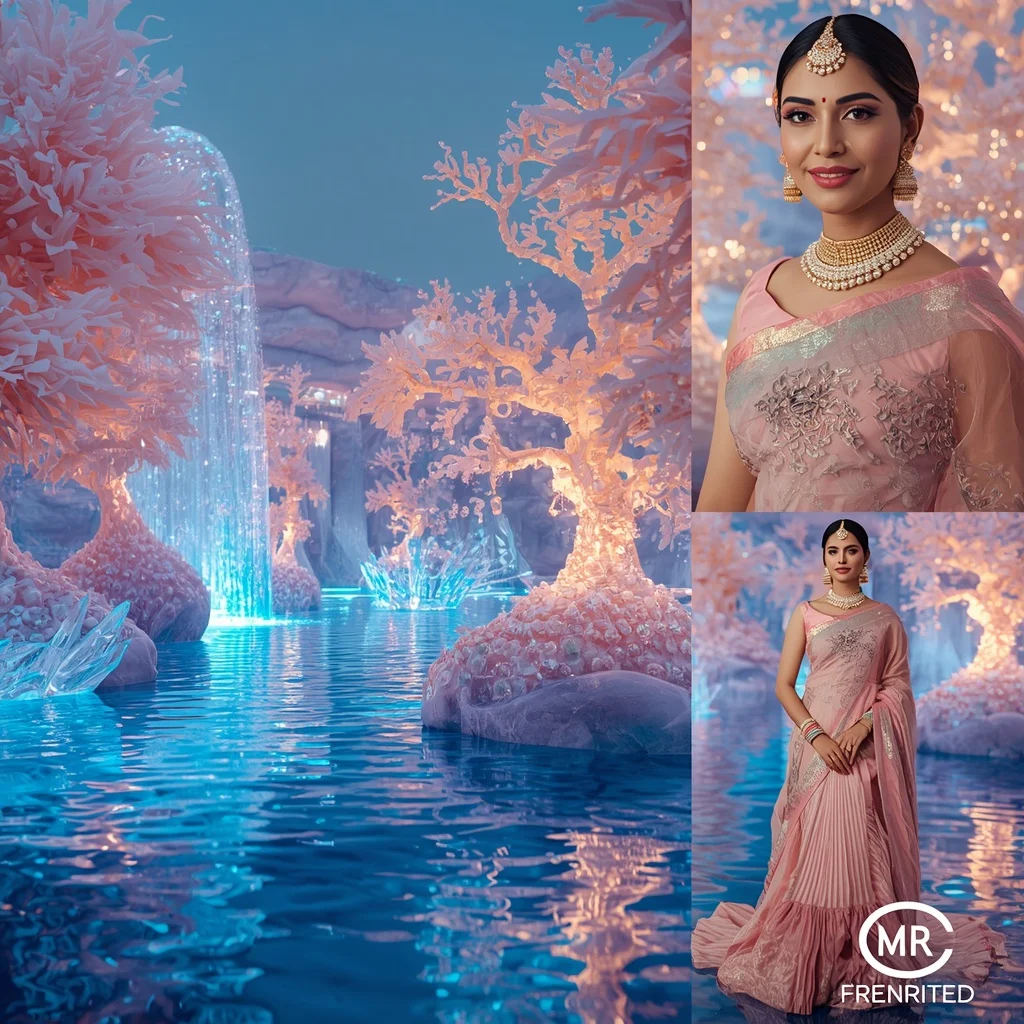 Festive Pastel Saree Royal Pearl Crystal Aurora Lagoon Collage Luxury Couture | Sora Ai Prompt