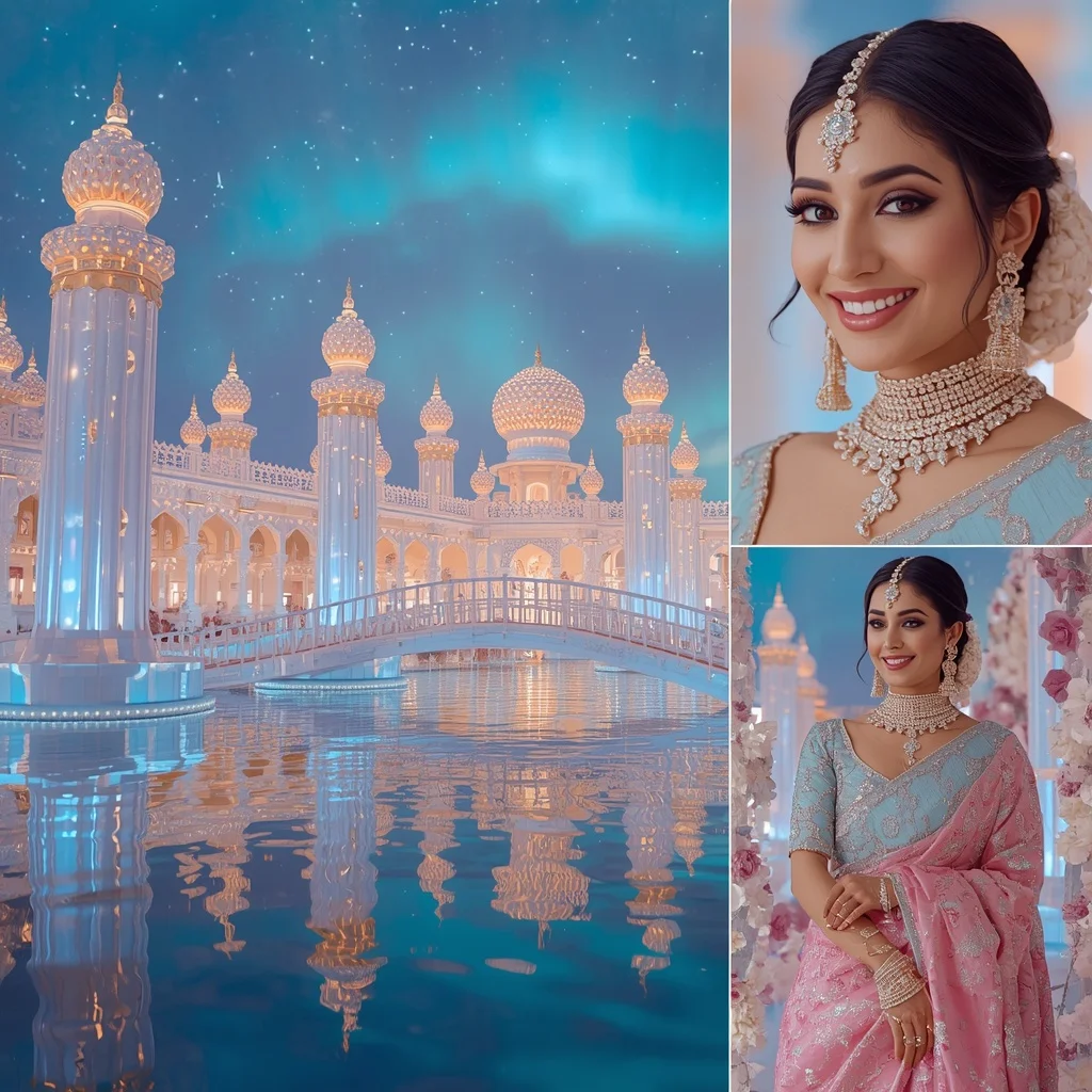 Festive Pastel Saree Royal Pearl Crystal Aurora Lake Palace Collage Luxury Couture | New Instagram Trend Prompt For Girl And Boy Copy And Paste