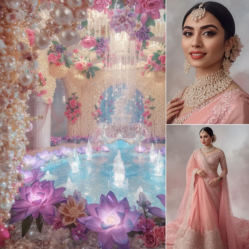Festive Pastel Saree Royal Pearl Crystal Celestial Garden Collage Luxury Couture | Gemini Ai Photo