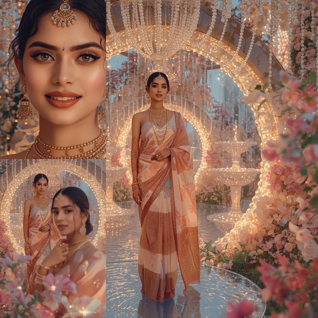 Festive Pastel Saree Royal Pearl Crystal Moon Garden Collage Luxury Couture | Style Ai Prompt