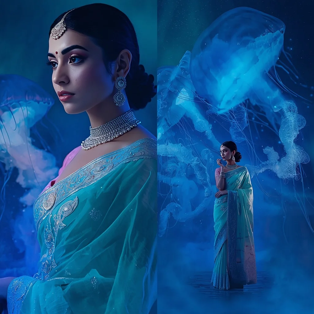 Festive Pastel Saree Sapphire Aurora Jellyfish Kingdom Collage | Prompt Ai