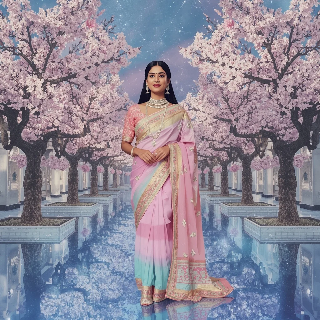 Festive Pastel Saree Sapphire Crystal Cherry Blossom Empire Collage Couture Luxury | Modern Design Ai Prompt