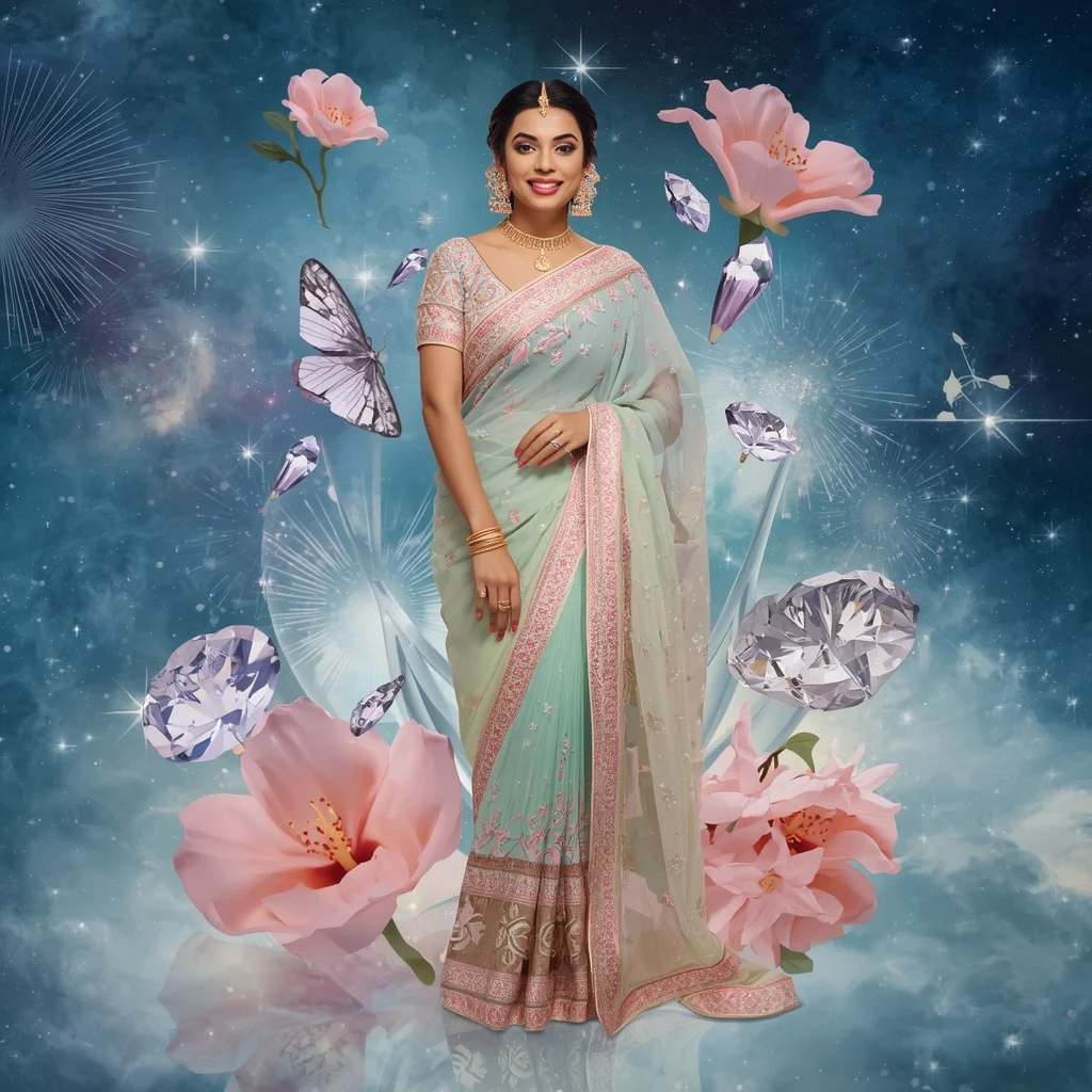 Festive Pastel Saree Sapphire Crystal Jasmine Nebula Empire Collage Couture Luxury | Prompt Seen Trending Girl