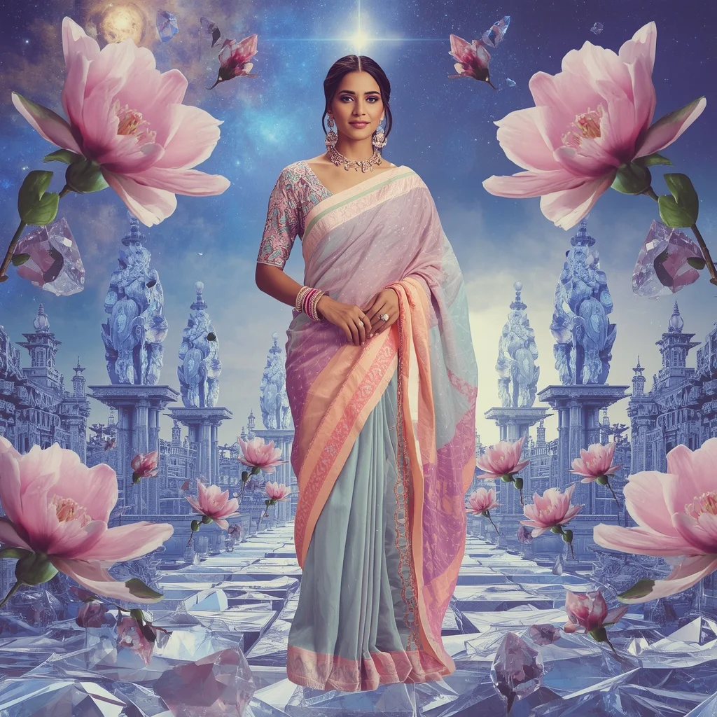 Festive Pastel Saree Sapphire Crystal Magnolia Heaven Empire Collage Couture Luxury | Prompt For Gemini