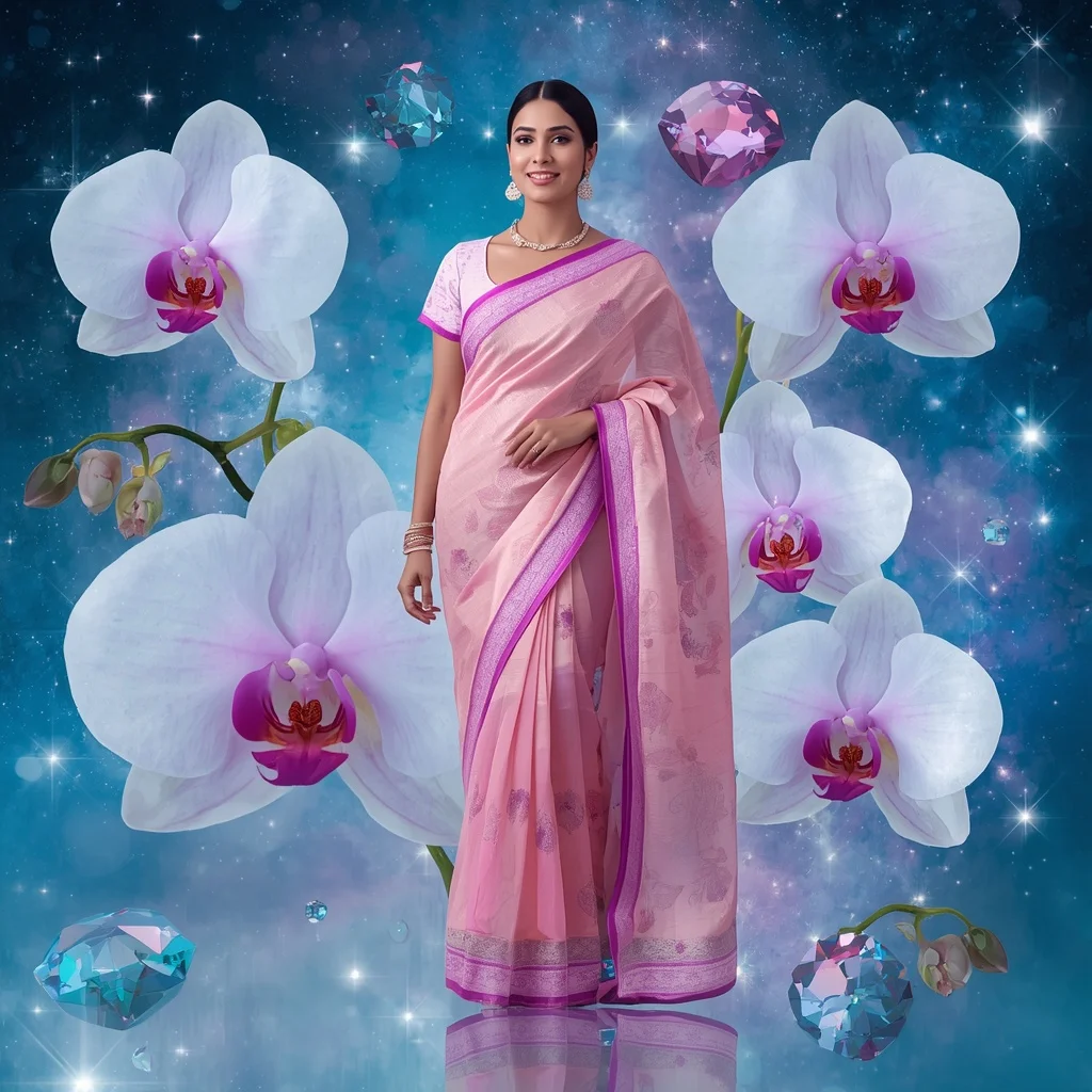 Festive Pastel Saree Sapphire Crystal Orchid Nebula Empire Collage Couture Luxury | Saree Ai Prompt