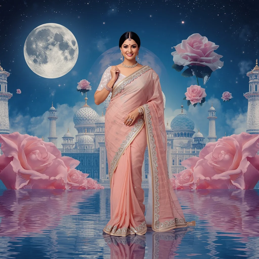 Festive Pastel Saree Sapphire Crystal Rose Moon Empire Collage Couture Luxury | Beautiful Woman Ai Prompt