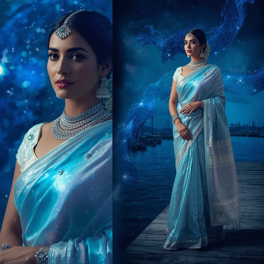 Festive Pastel Saree Sapphire Dragon Constellation Harbor Collage | New Instagram Trend Prompt For Girl And Boy Copy And Paste