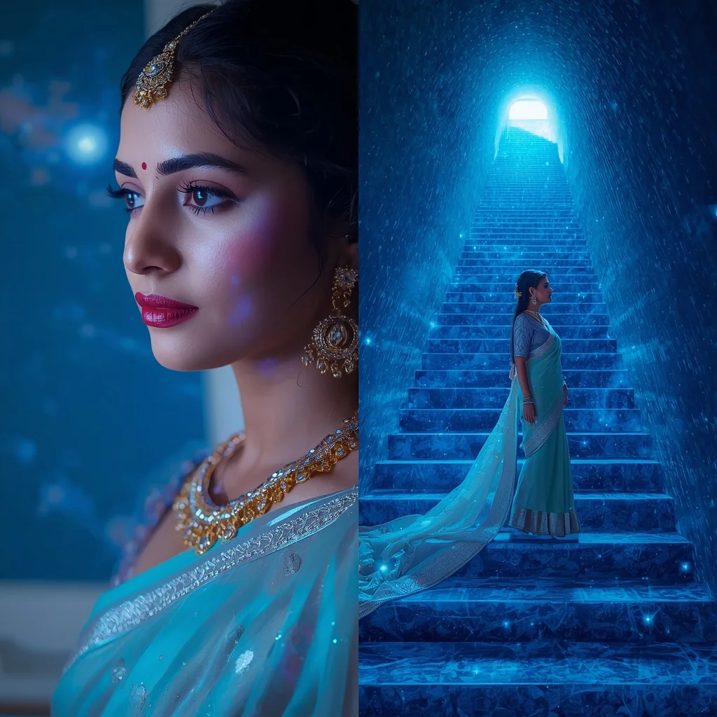 Festive Pastel Saree Sapphire Galaxy Stairway Collage | Prompt Seen Girl Photo Editing Chatgpt Download