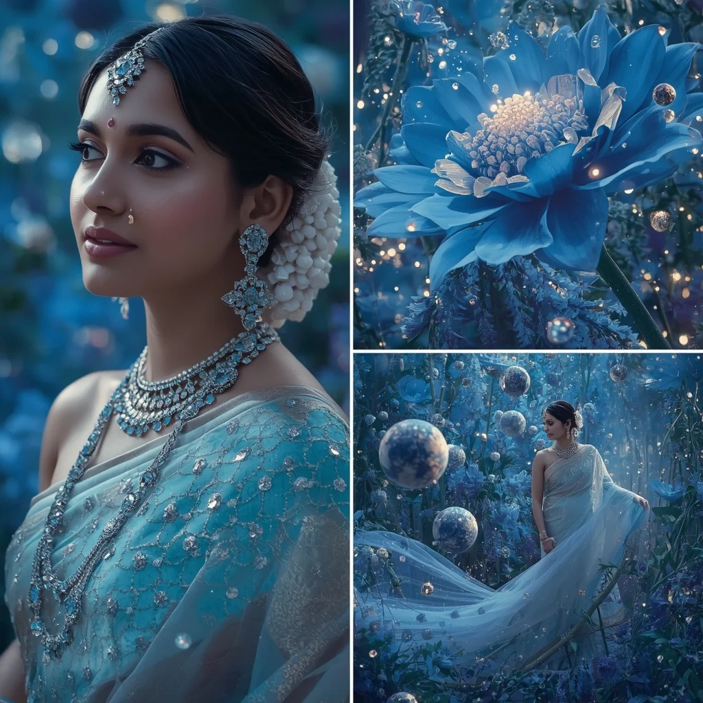 Festive Pastel Saree Sapphire Gravity Bloom Sanctuary Collage | Instagram Carousel Ai Prompt