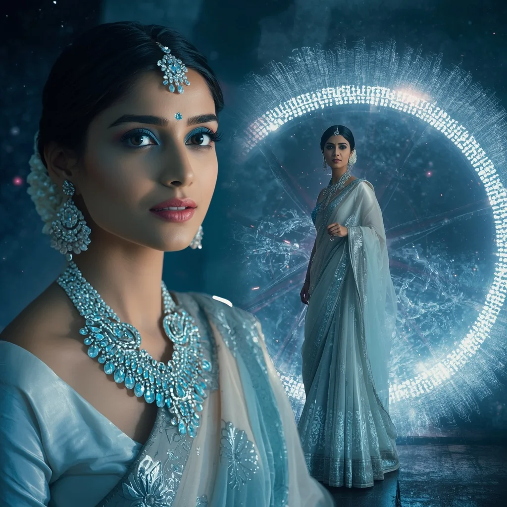 Festive Pastel Saree Sapphire Halo Waterwheel Kingdom Collage | Instagram Viral Photo Ai Prompt