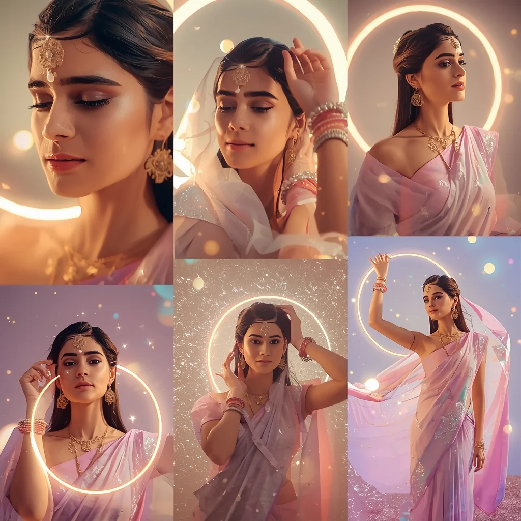 Festive Pastel Saree Shimmer Glow Orbit Pulse Flow Collage | Aesthetic Saree Ai Prompt