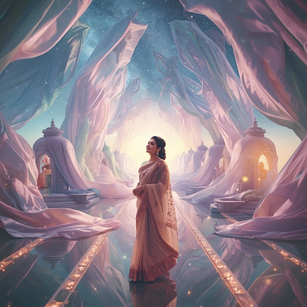 Festive Pastel Saree Silk Galaxy Infinity Temple City Collage Cinematic | Gemini Ai Prompt