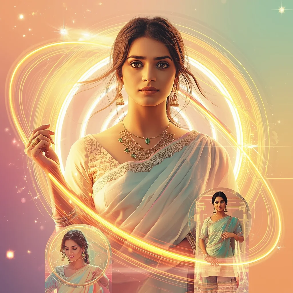 Festive Pastel Saree Solar Glow Pulse Orbit Cascade Collage | Saree Look Ai Prompt Modern Style