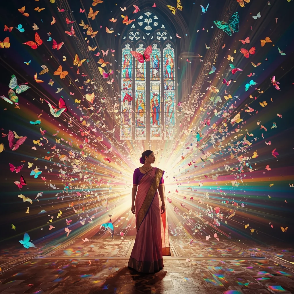 Festive Pastel Saree Stained Glass Butterfly Explosion Collage | Cathedral Prism Premium Prompt | Saree Prompt Text To Image