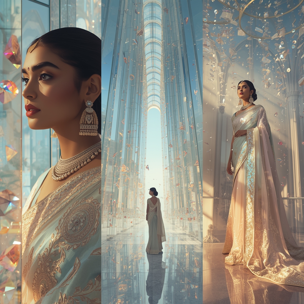 Festive Pastel Saree Stellar Glass Cathedral Collage | Divine Reflection Luxury Prompt | Saree Dp Ai Prompt