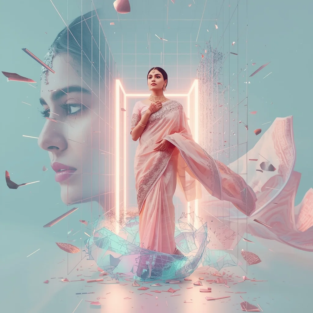 Festive Pastel Saree Supreme Quantum Magnetic Grid Tornado Collage | Hyper Futuristic Prompt | Saree Photoshoot Prompt Ultra Realistic