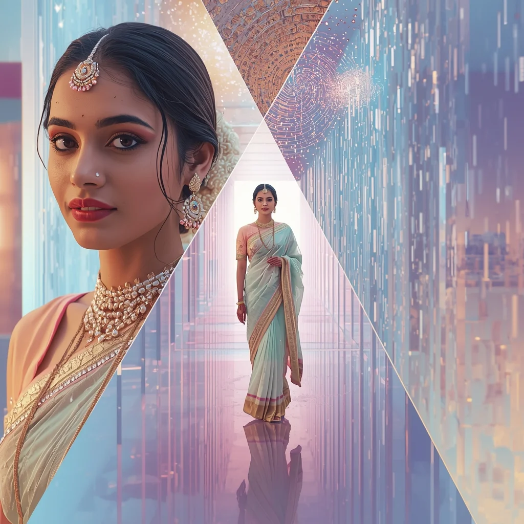 Festive Pastel Saree Ultimate Prism Mirror Galaxy Crystal Tunnel Vortex Rain Collage | Infinite Fantasy Realm Prompt | Prompt For Gemini Saree