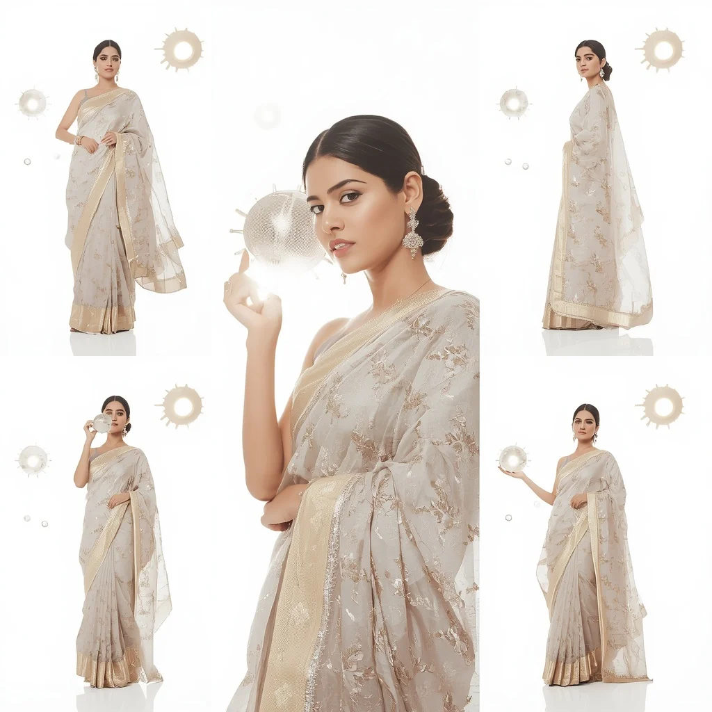 Festive Pearl Grey Saree Shimmering Gilded Sunburst Sphere | Lighting Ai Prompt