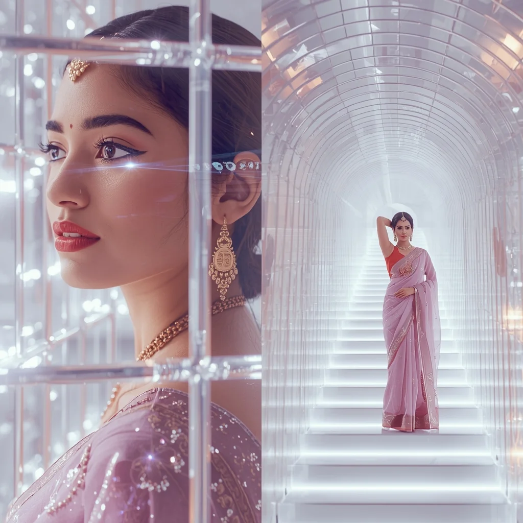 Festive Saree Bright Crystal Grid Energy Cage Collage | Soft Infinity Prompt | Prompt For Gemini Ai Girl Style Trending Instagram