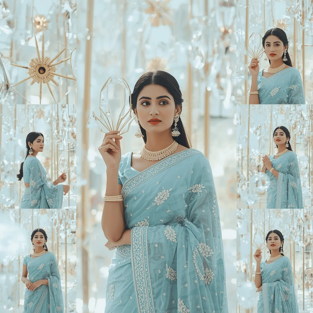 Festive Sea Azure Saree Spinning Diamond Carousel Architecture Bloom | Prompt For Gemini AI Girl Model