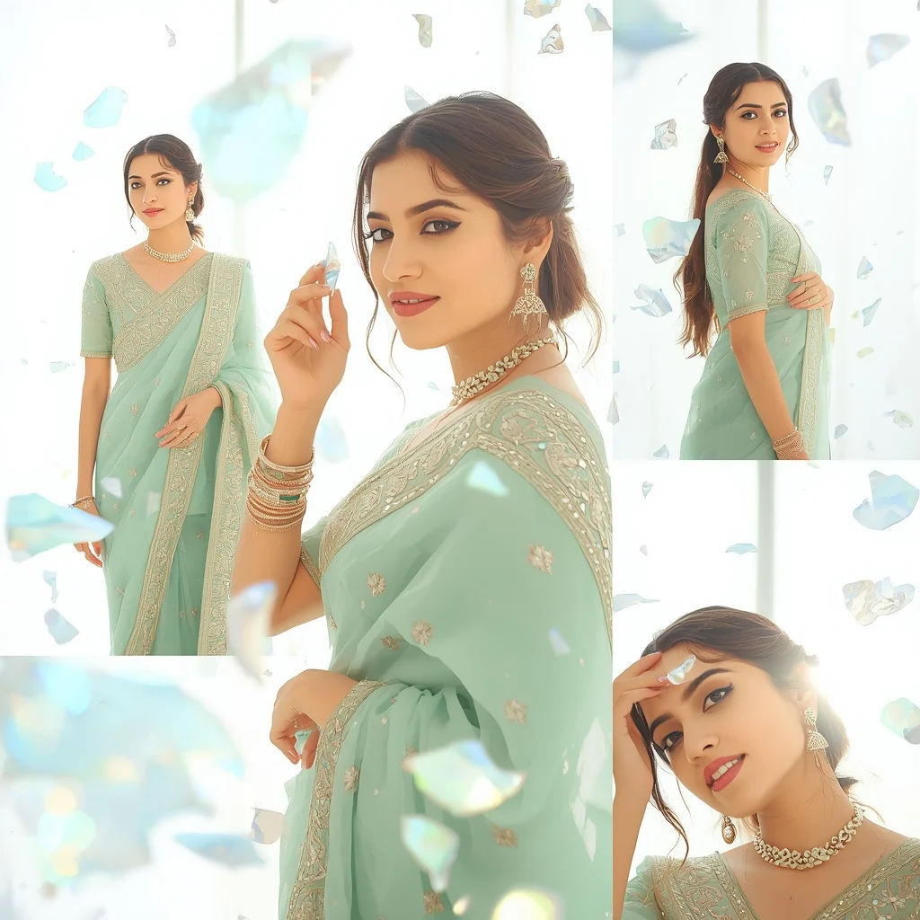 Festive Sea Foam Saree Sunlit Floating Opal Shard | ChatGPT Photo Editing Prompts For Girl