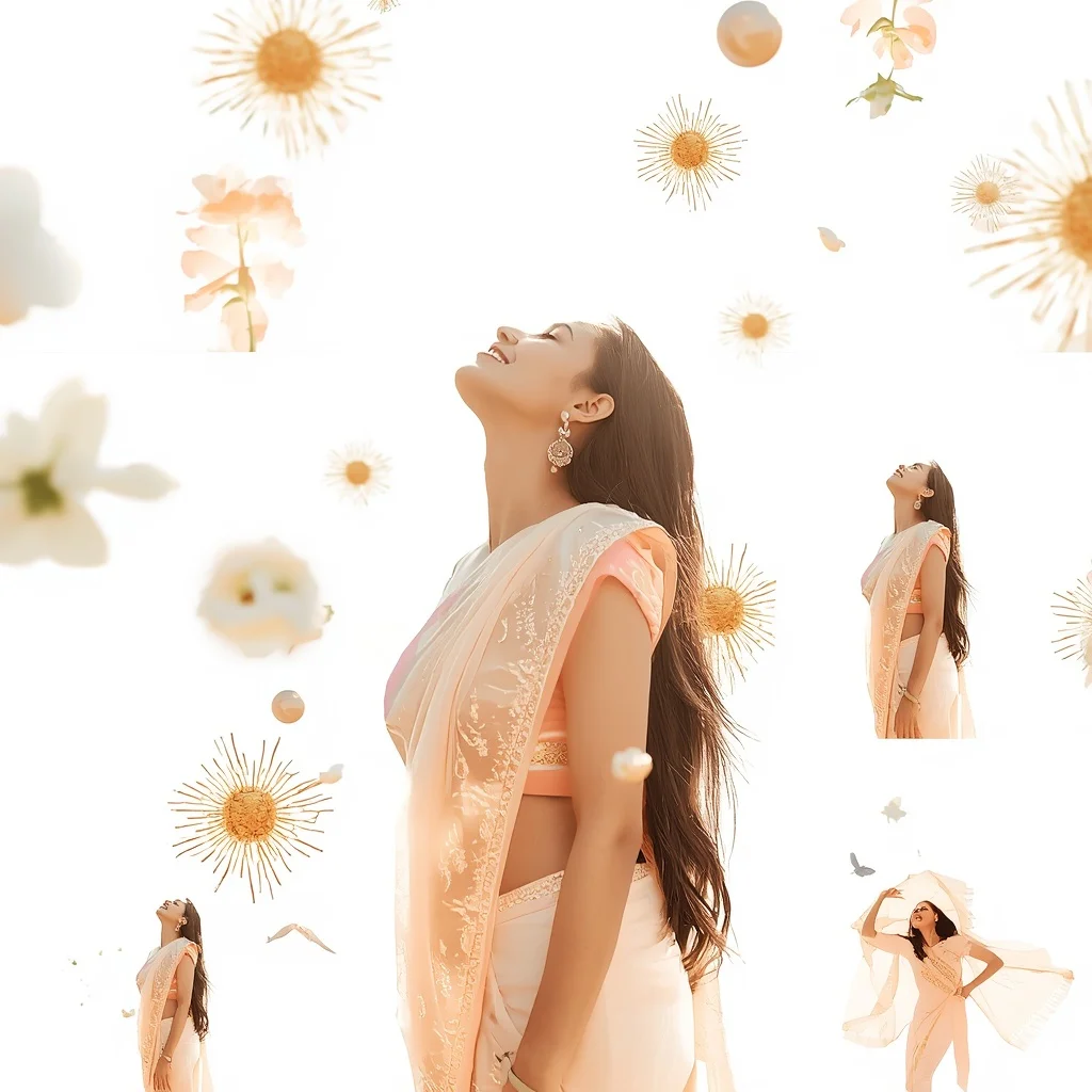 Festive Soft Peach Saree Luminous Gilded Sunburst Sphere | Hd Image Prompt
