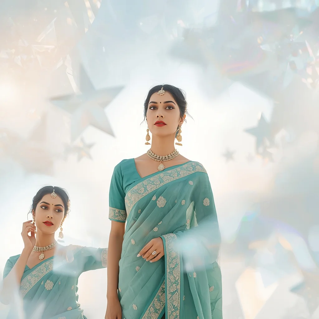 Festive Teal Saree Sunlit Floating Opal Geometric Star | Fashion Ai Prompt