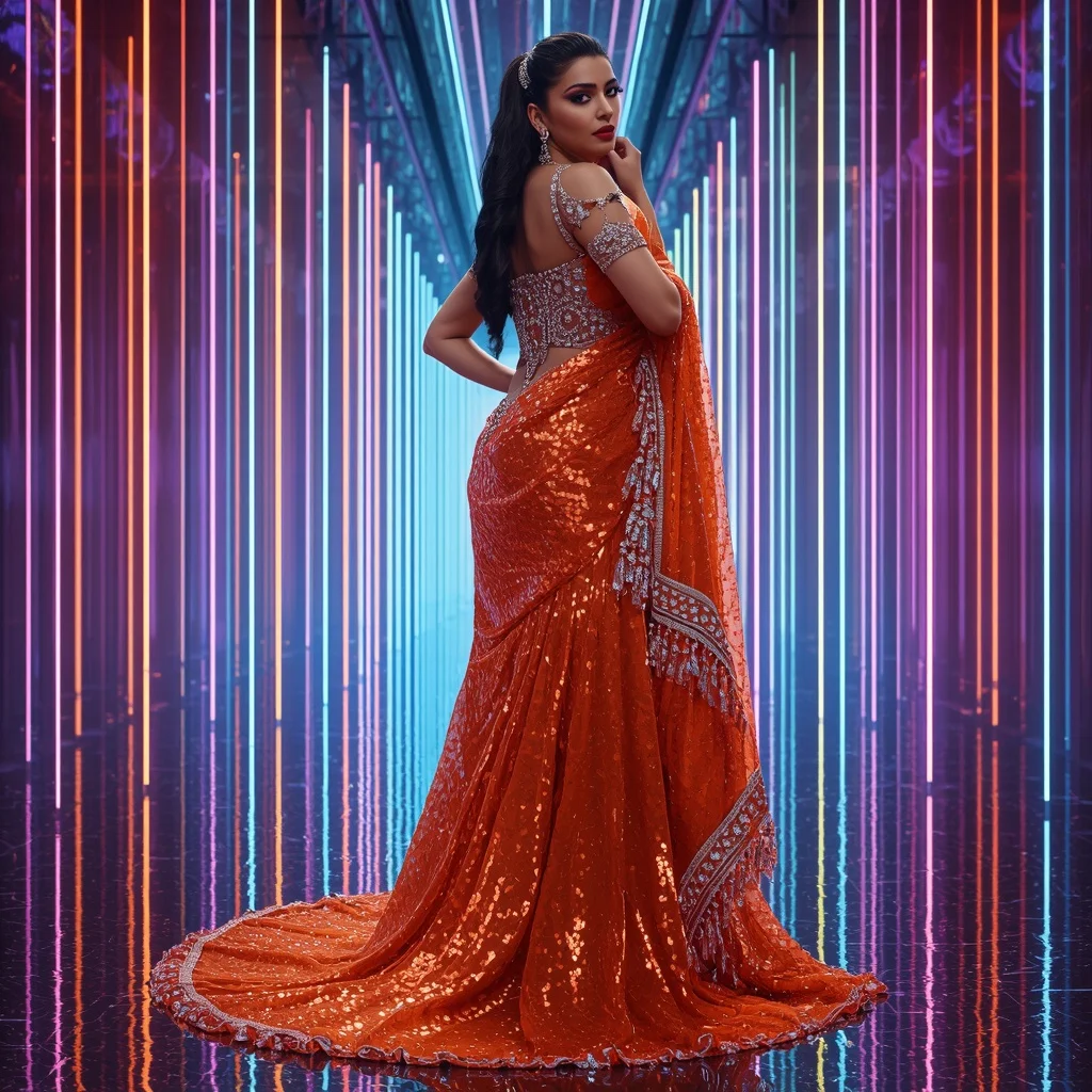 Fire Lotus Nebula Saree with Quantum Neon Crystal Hall | Trending Prompt Copy Paste