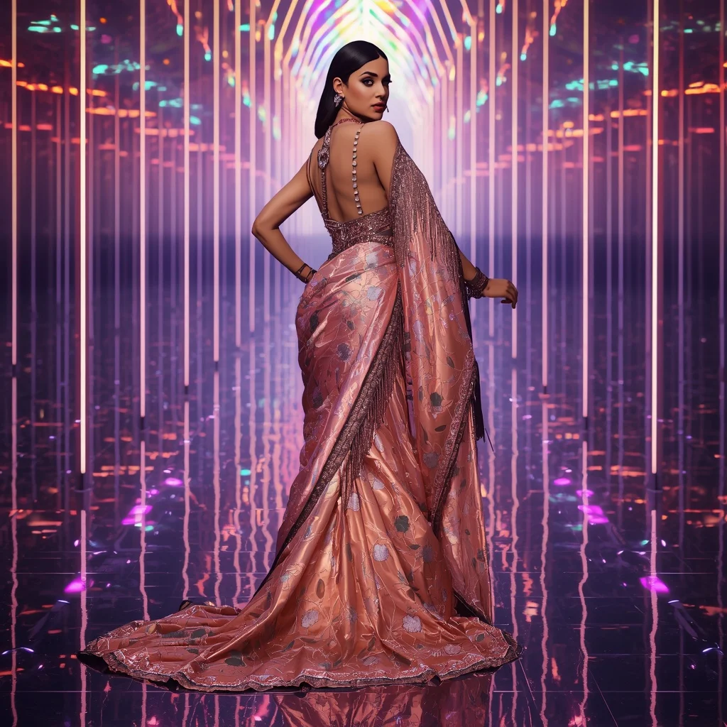 Fire Lotus Nebula Saree with Quantum Neon Reflection Cathedral | Flux Ai Prompt