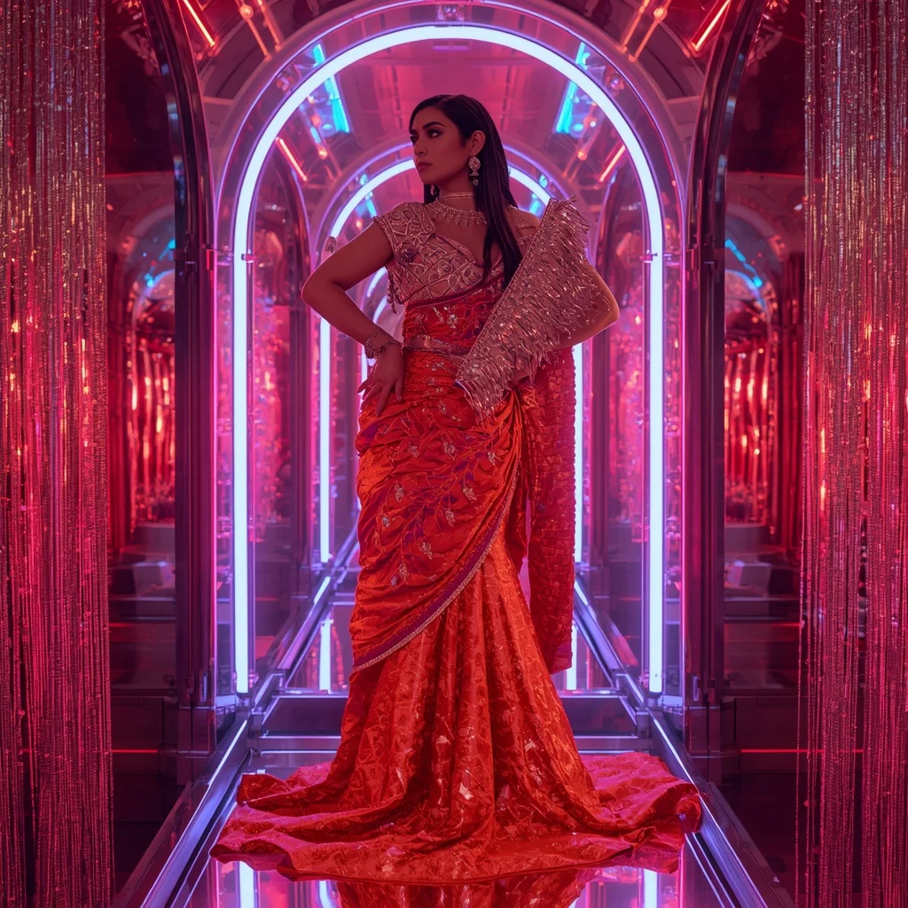 Fire Lotus Nebula Saree with Quantum Neon Reflection Dome | Gemini Photo Editing Prompt
