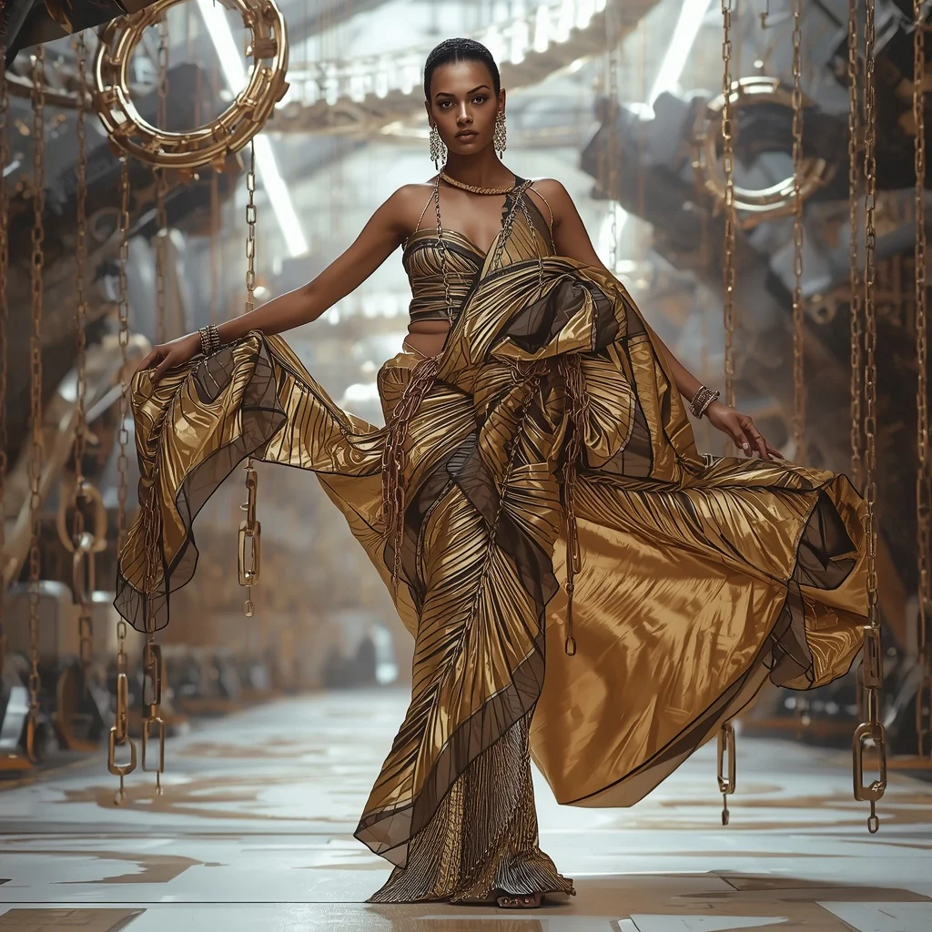 Floating Chain Reaction Saree with Mechanical Orbit Field | Gemini Photo Editing Prompt