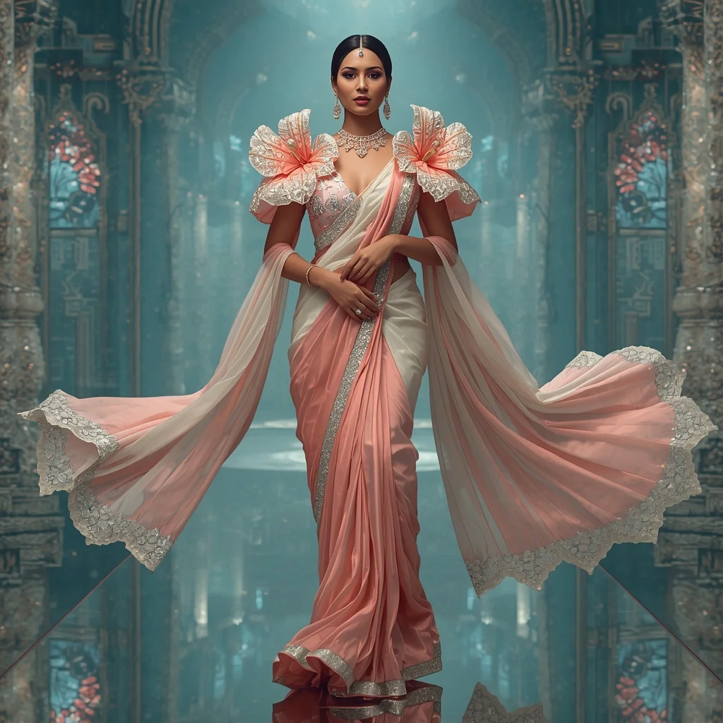 Floating Crystal Hibiscus Kingdom Saree with Aqua Reflection Empire | Instagram Model Ai Prompt