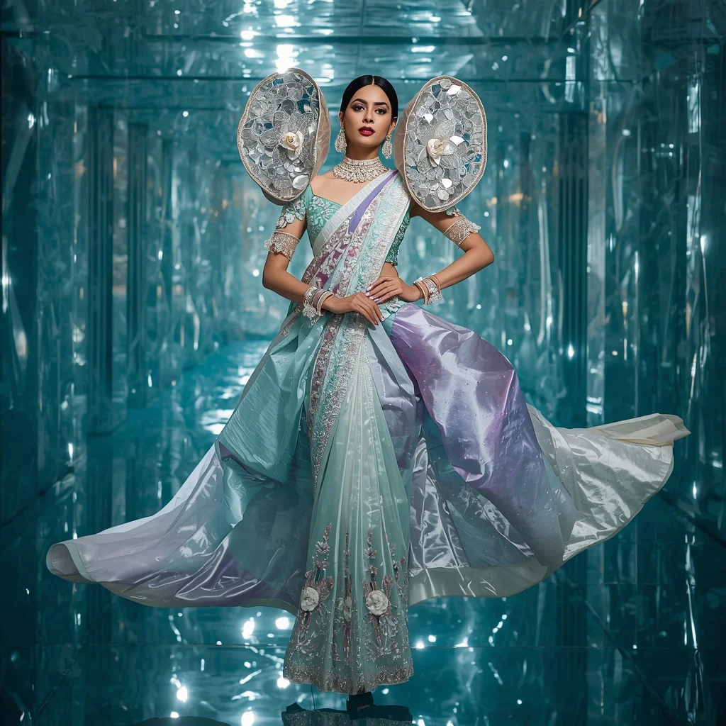 Floating Crystal Orchid Dome Saree with Aqua Reflection Palace | Editing Prompt Girl Aesthetic
