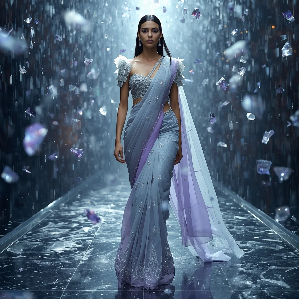 Floating Crystal Rain Saree with Zero Gravity Storm Field | Instagram Prompt For Traditional Look For Girl