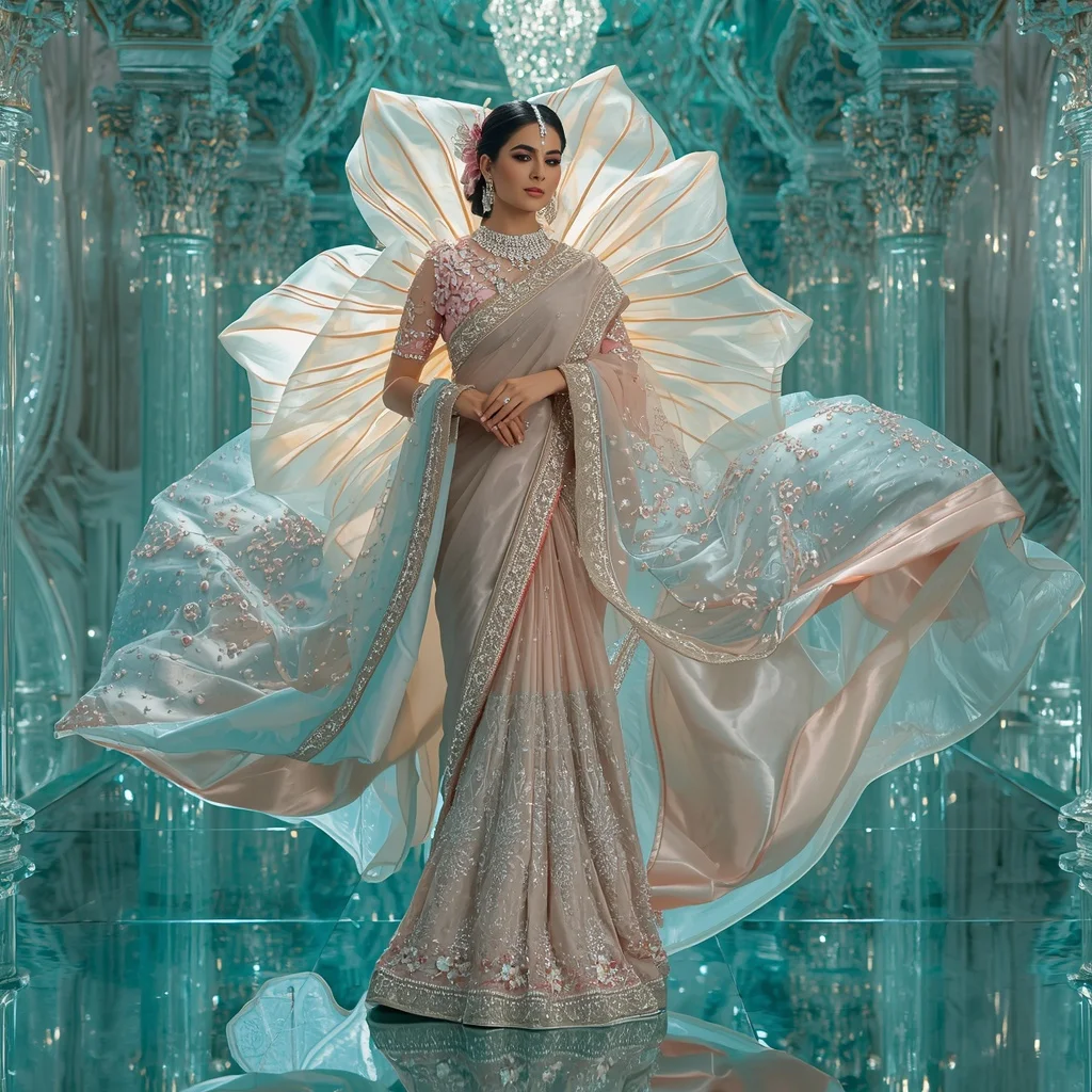 Floating Crystal Tulip Dome Saree with Aqua Reflection Empire | ChatGPT Photo Editing Prompts Trending Instagram For Girl