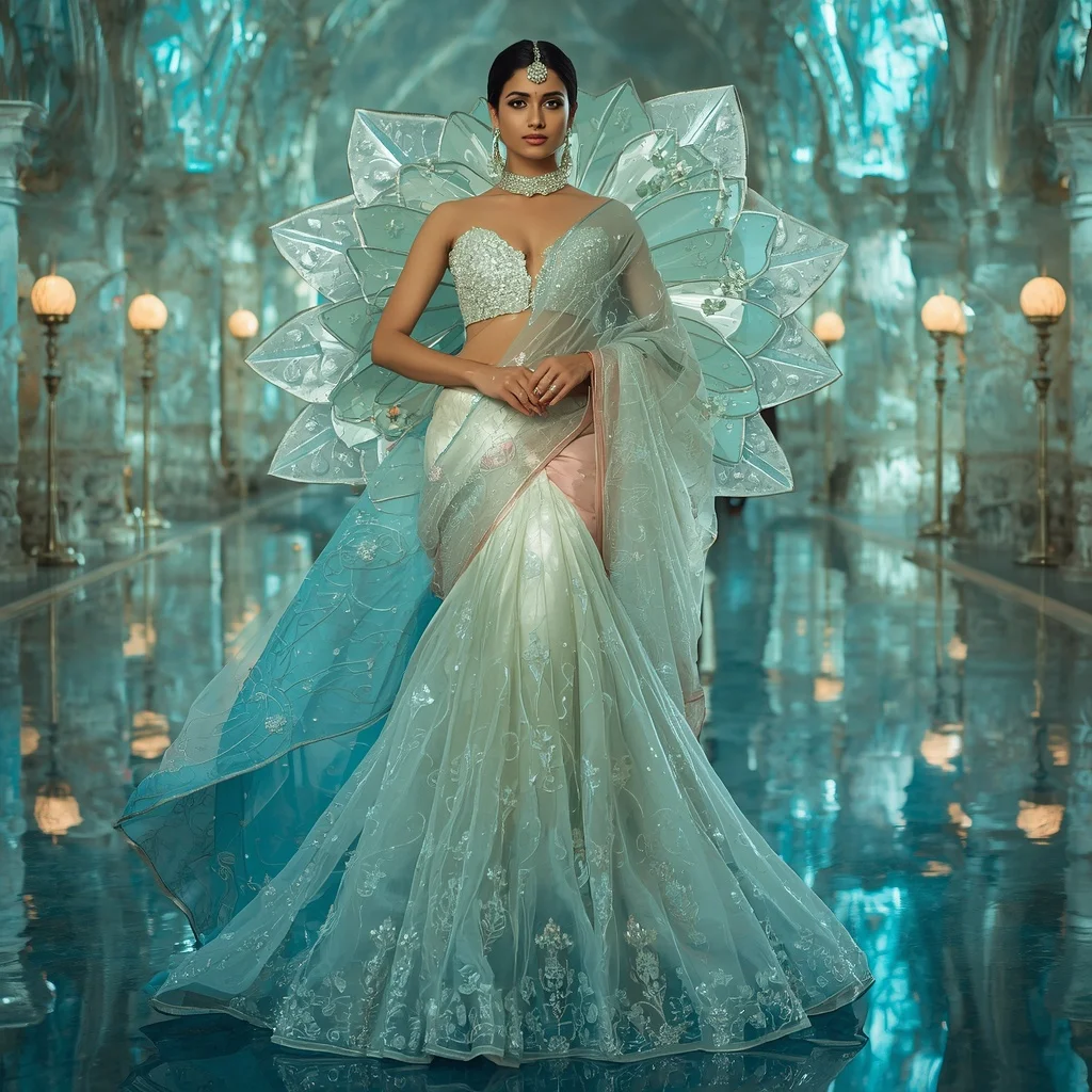 Floating Crystal Water Lily Palace Saree with Aqua Reflection Citadel | Viral Ai Image Prompt