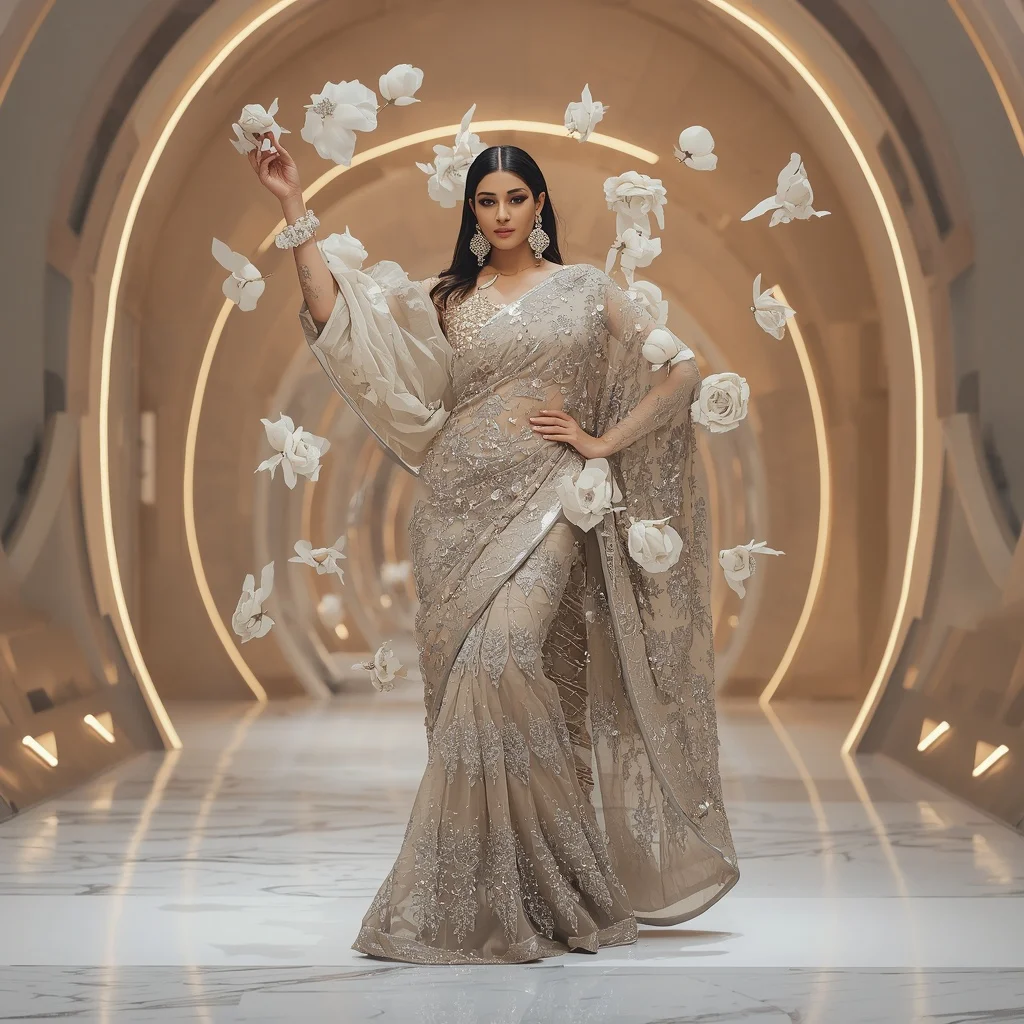 Floating Diamond Peony Saree with Luxury Curved Gallery | New Instagram Trend Prompt For Girl And Boy Copy And Paste