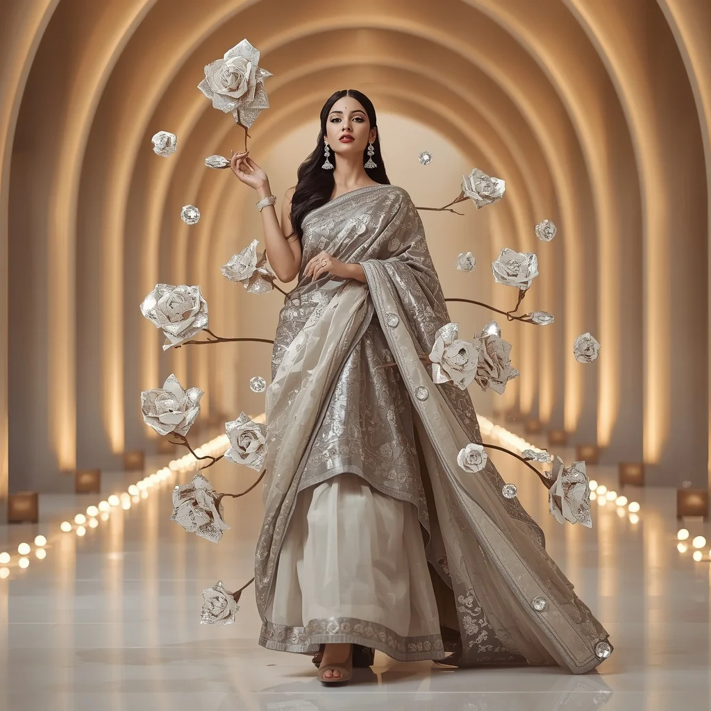Floating Diamond Rose Saree with Luxury Curved Pavilion | Gemini Ai Prompt Copy Paste