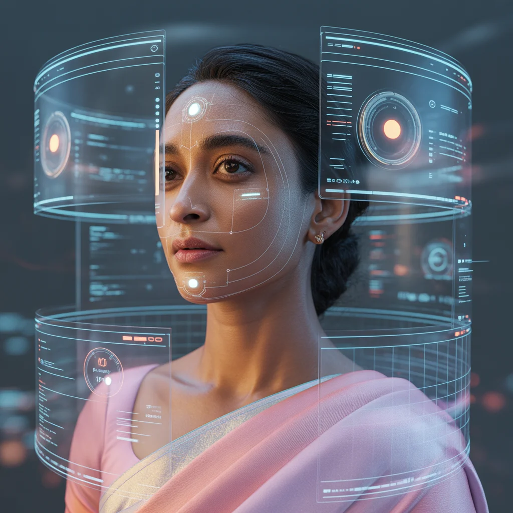 Floating Digital Interface HUD Layers Saree Collage | AI Tech Fashion Prompt | Ai Gemini Saree Prompt