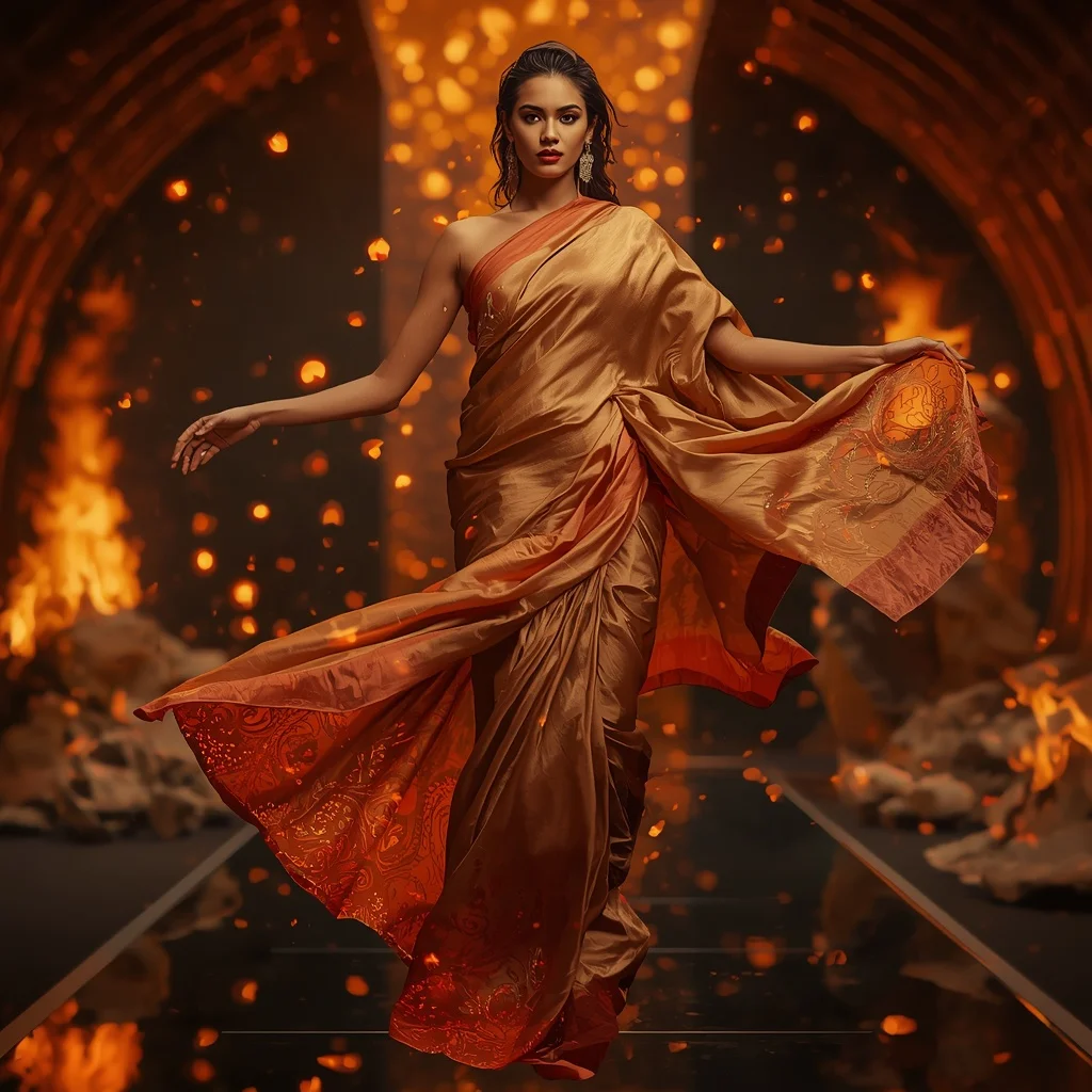 Floating Ember Silk Saree with Gravity Fire Chamber | Gemini Ai Prompt