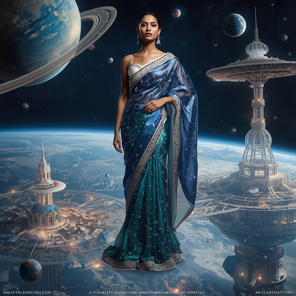 Floating Glass Planet Saree with Orbiting Luxury Cities | Photo Prompt