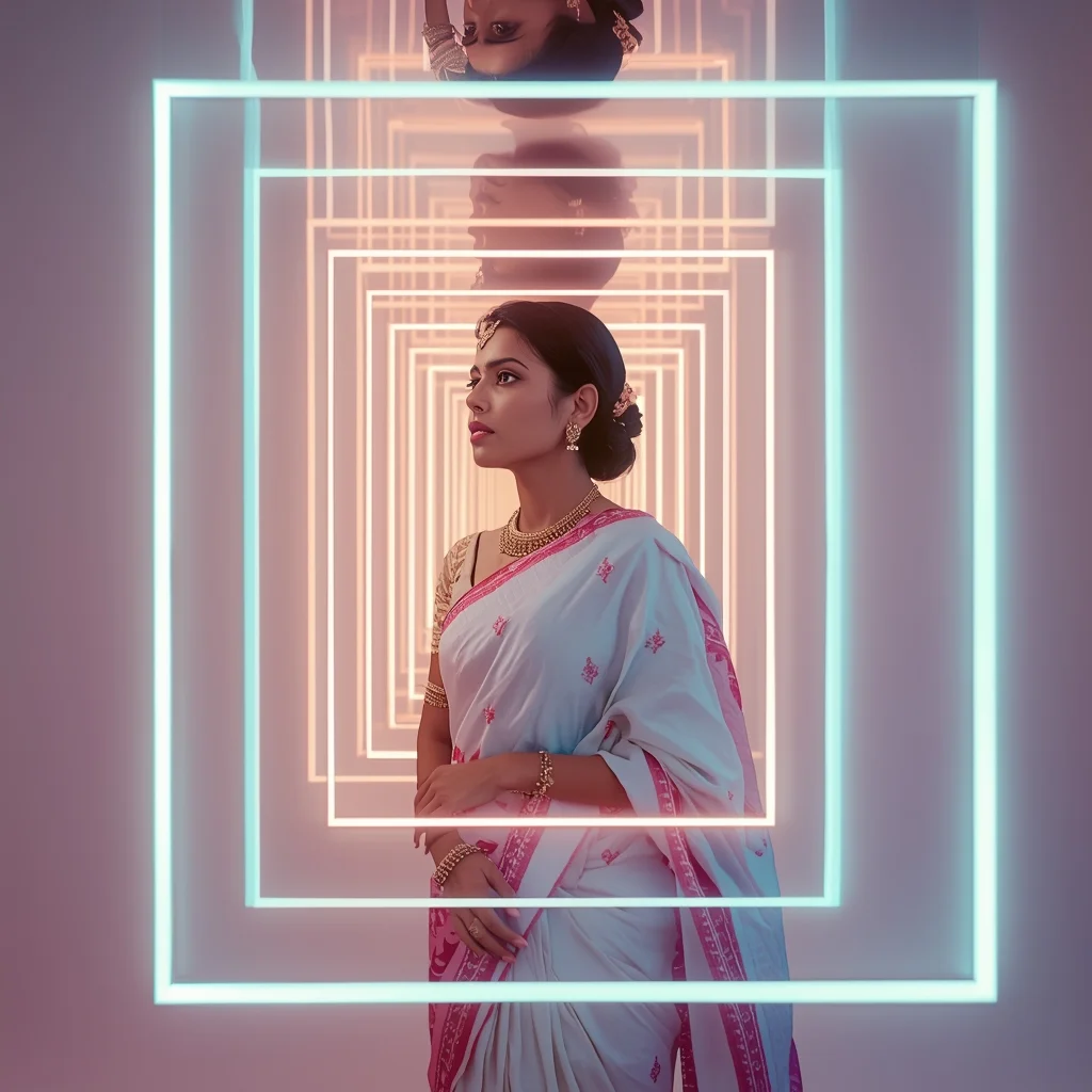 Floating Light Frames Saree Prompt with Layered Box Structure and Cinematic Glow Depth | Gemini Girl Photo Prompt Saree