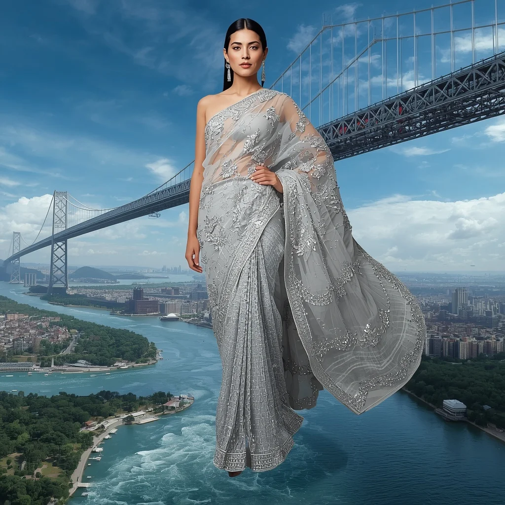 Floating Luxury Crystal Bridge Saree with Sky River Metropolis | Girl Photo Prompt Gemini