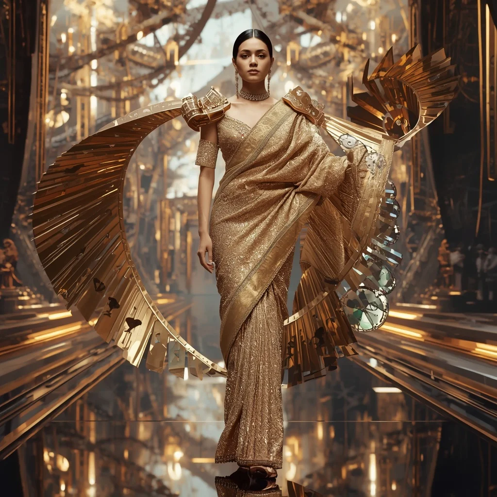 Floating Luxury Crystal Clock Saree with Time Spiral Metropolis | Attitude Girl Prompt