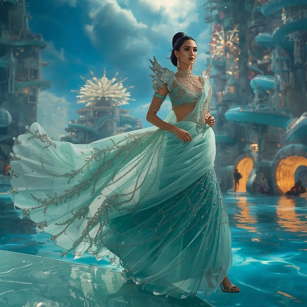 Floating Luxury Crystal Waterpark Saree with Spiral Aqua Architecture | Saree Ai Prompt