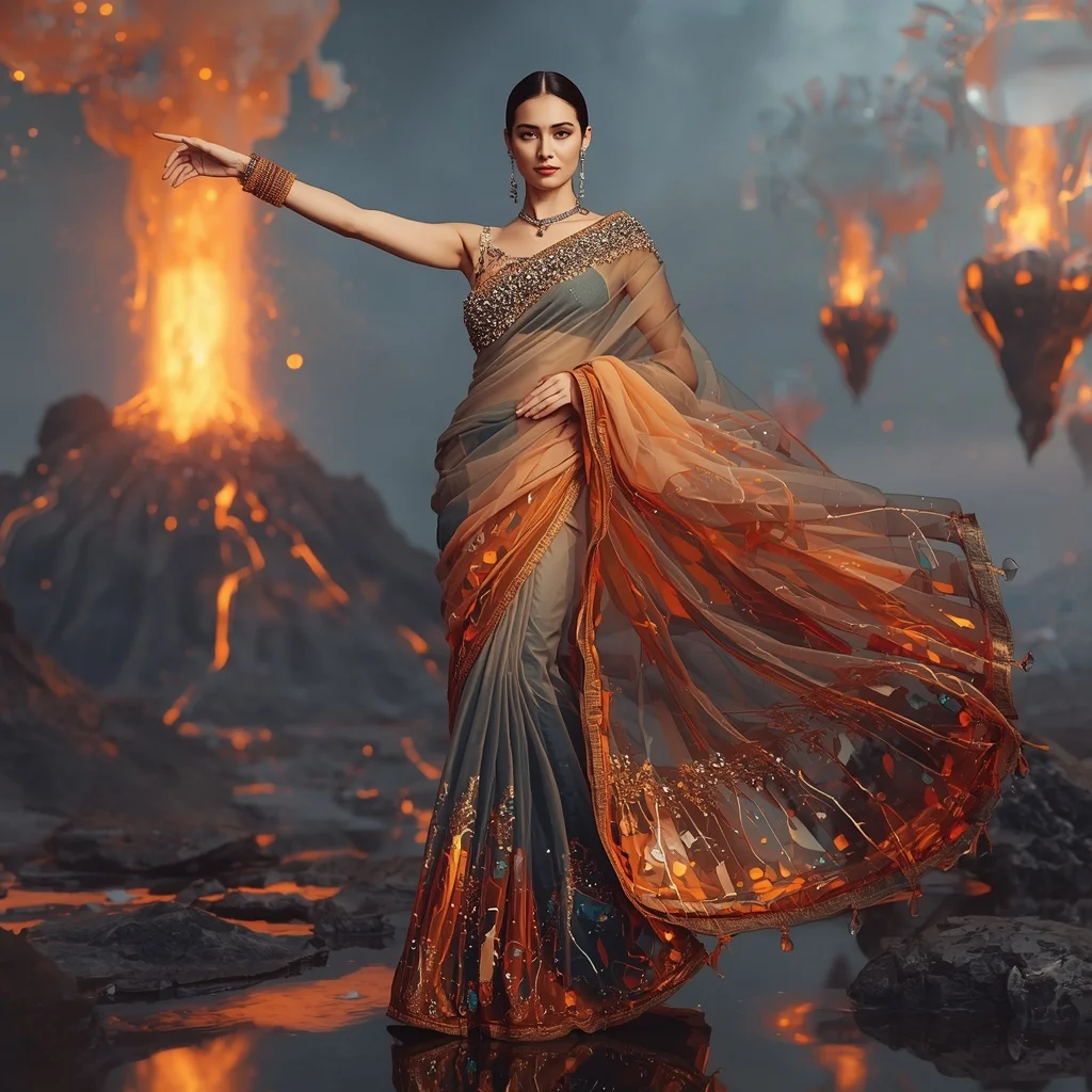 Floating Luxury Glass Volcano Saree with Transparent Lava Kingdom | Female Model Ai Prompt