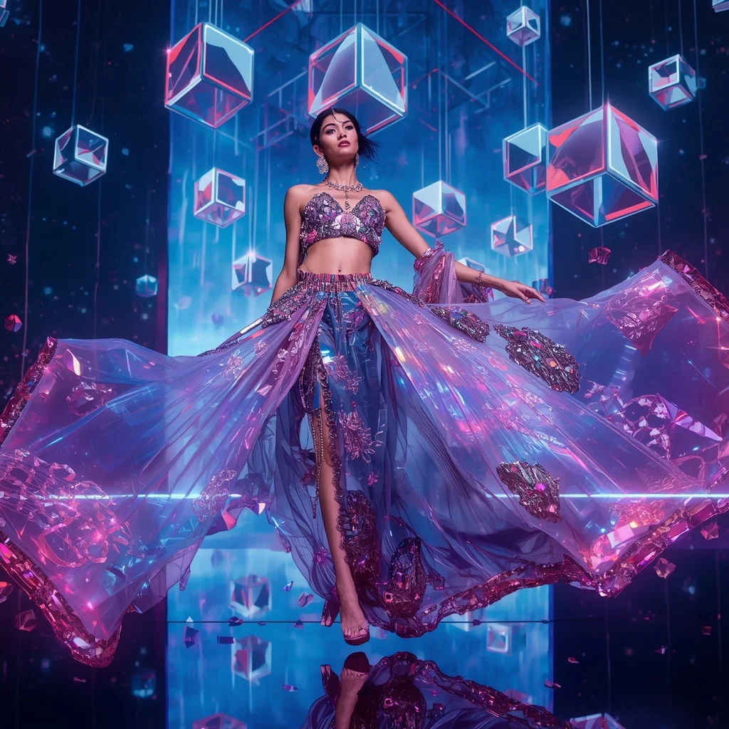 Floating Luxury Neon Crystal Saree with Infinite Fashion Cubes | Ai Prompt Generator Free
