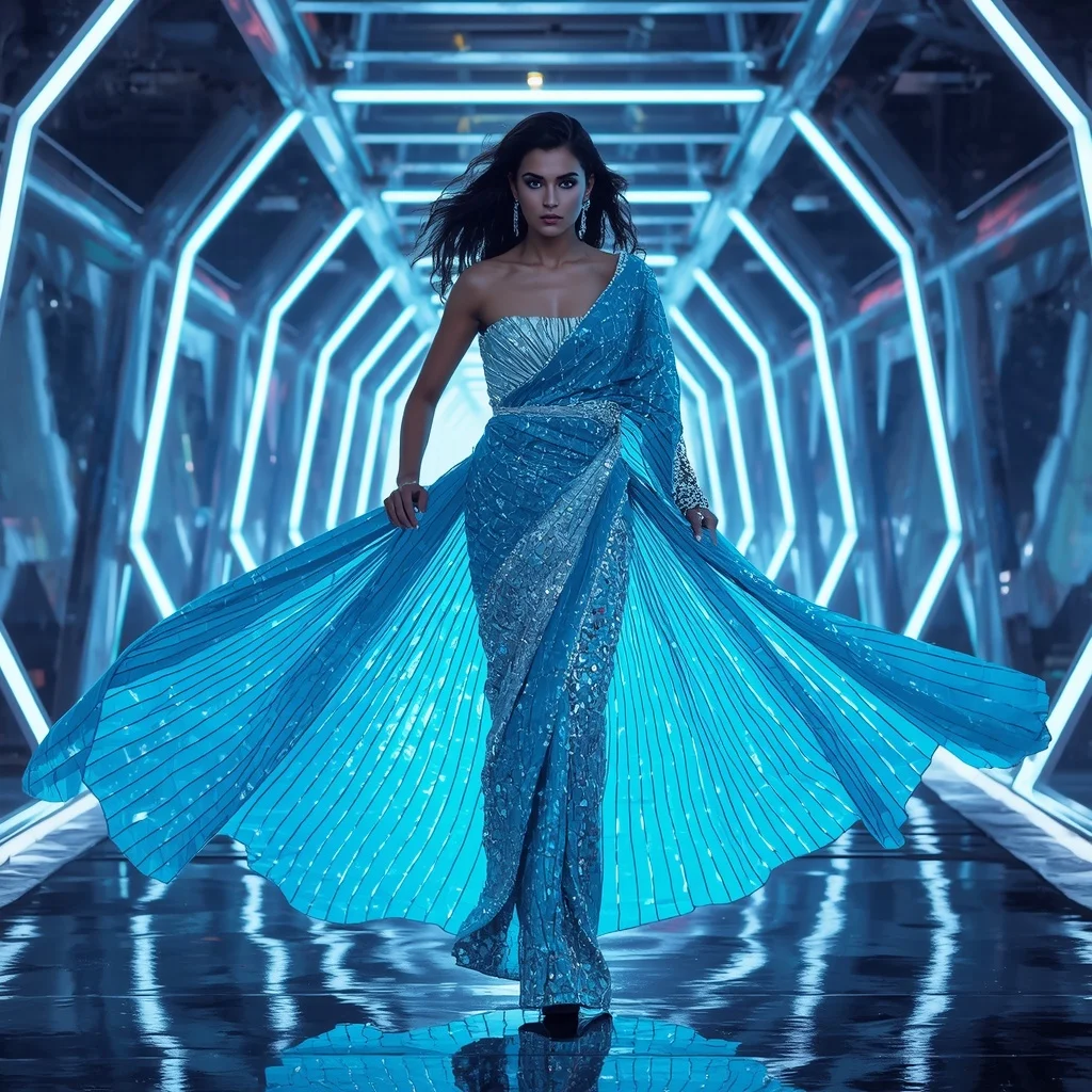 Floating Luxury Neon Tunnel Saree with Infinite Light Highway | Editing Prompt Girl