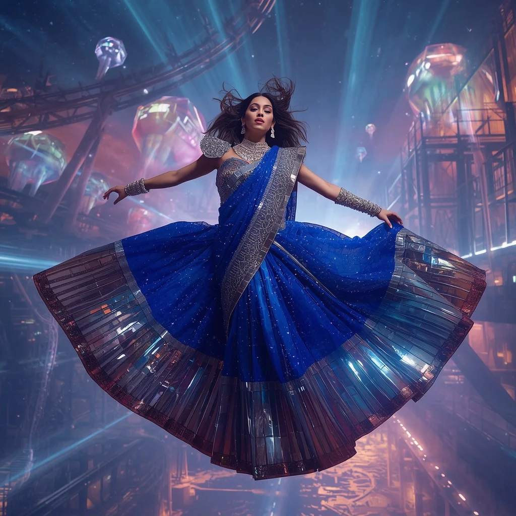 Floating Luxury Observatory Saree with Giant Crystal Rollercoaster Galaxy | Instagram Aesthetic Ai Prompt